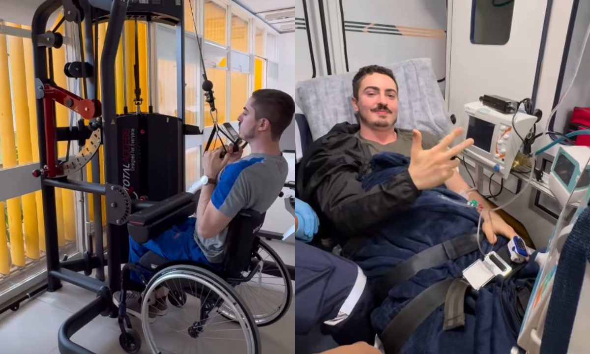 Montagem mostra o médico Lucas Ventura Hoffmann durante a recuperação após tratamento de cavernoma. À esquerda, ele aparece em uma cadeira de rodas realizando exercício em aparelho de musculação durante fisioterapia. À direita, Lucas está deitado em uma maca hospitalar dentro de uma ambulância, fazendo sinal de positivo com a mão enquanto usa equipamentos médicos.
