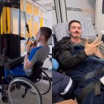 Montagem mostra o médico Lucas Ventura Hoffmann durante a recuperação após tratamento de cavernoma. À esquerda, ele aparece em uma cadeira de rodas realizando exercício em aparelho de musculação durante fisioterapia. À direita, Lucas está deitado em uma maca hospitalar dentro de uma ambulância, fazendo sinal de positivo com a mão enquanto usa equipamentos médicos.