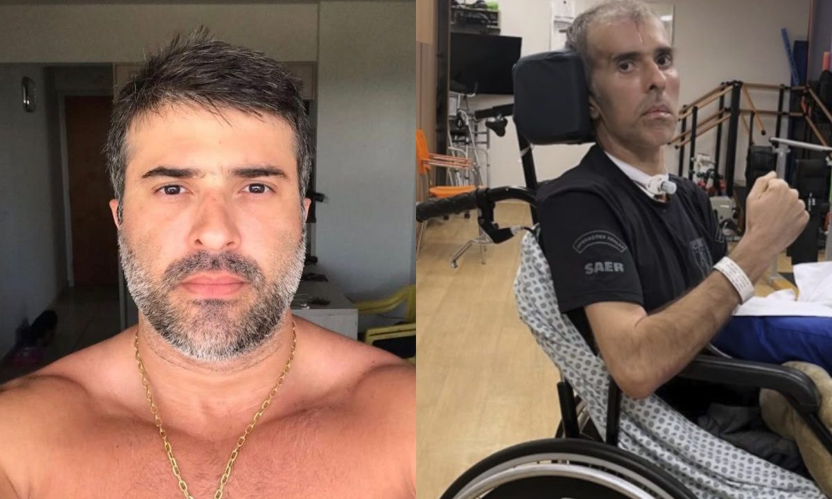 Colagem de duas fotos mostra, à esquerda, o piloto da Polícia Civil Felipe Monteiro Marques, que morreu mais de um ano depois de ser atingido por tiro de fuzil em operação no Rio. Ele aparece sem camisa, posando para selfie antes do episódio. Já à direita, ele está em uma cadeira de rodas e com os cabelos raspados. Vítima tem sequelas devido ao tiro.