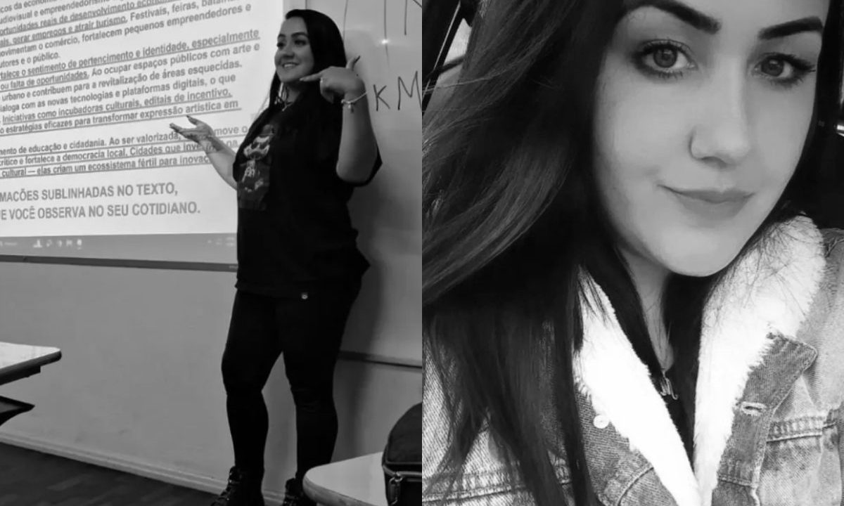 Montagem em preto e branco mostra a professora Meguy Deisi Correa em sala de aula, durante uma apresentação, e em uma selfie dentro de um carro. Ela sorri nas duas imagens.