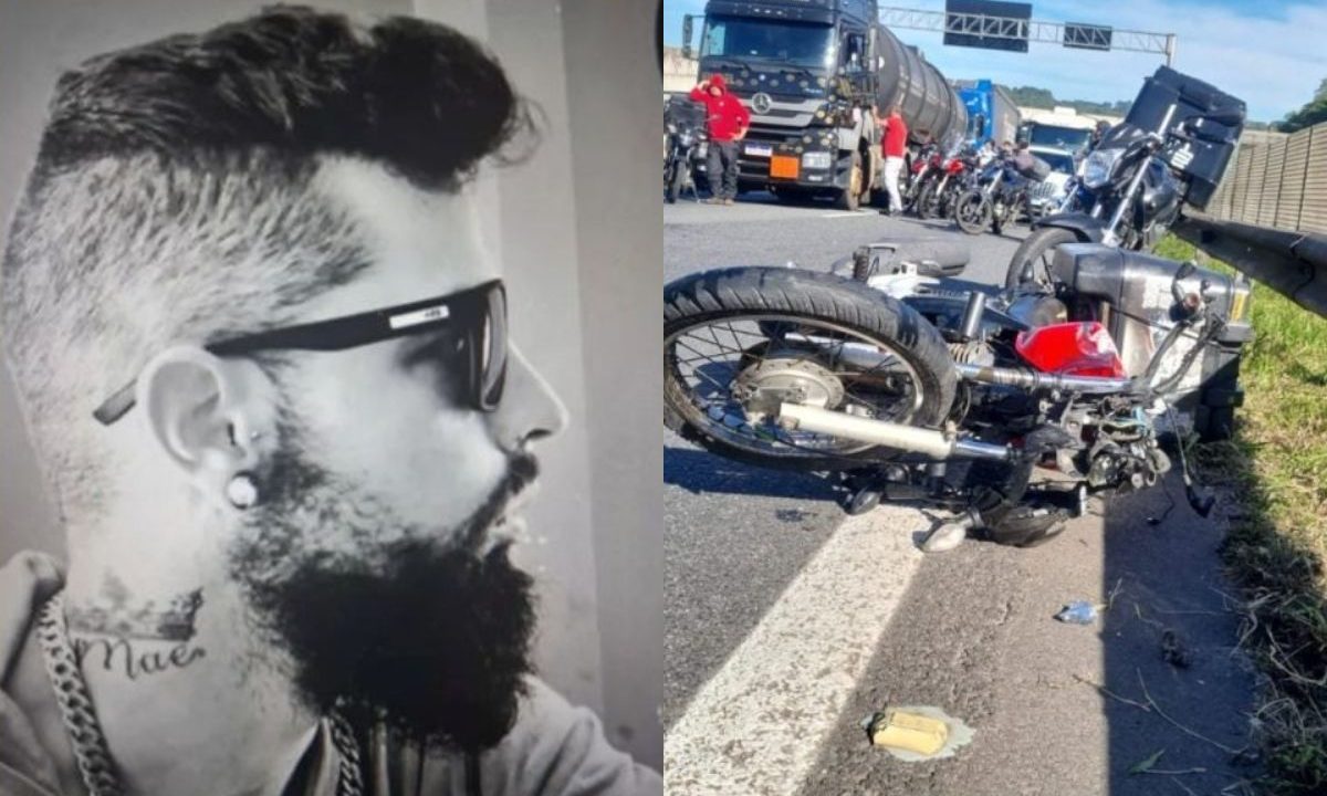 Colagem de fotos do motoboy que morreu em acidente em campo largo. à esquerda, uma foto em preto e branco da vítima. à direita, foto da moto no acidente