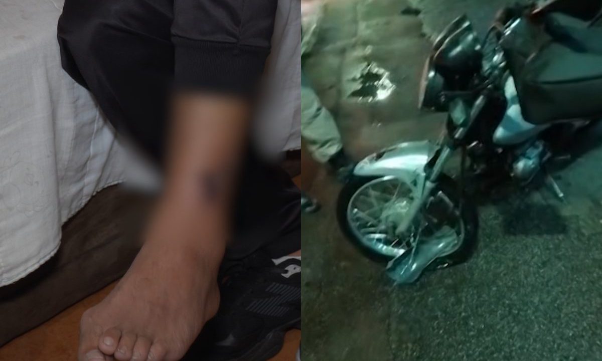 Montagem com duas fotos do acidente no Sítio Cercado. Primeira imagem mostra a perna do motoboy atingido por um motorista. Segunda foto mostra a moto.