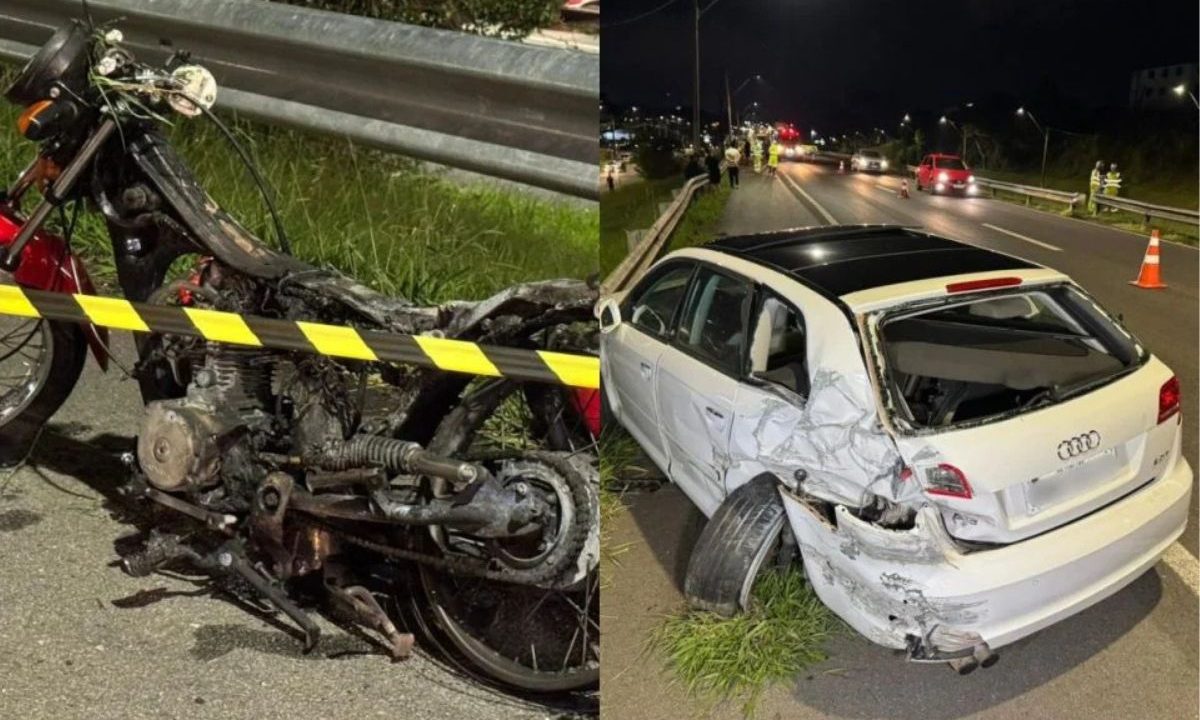 Moto destruída e Audi danificado após acidente fatal registrado na BR-277, em Curitiba. Motorista negou racha.