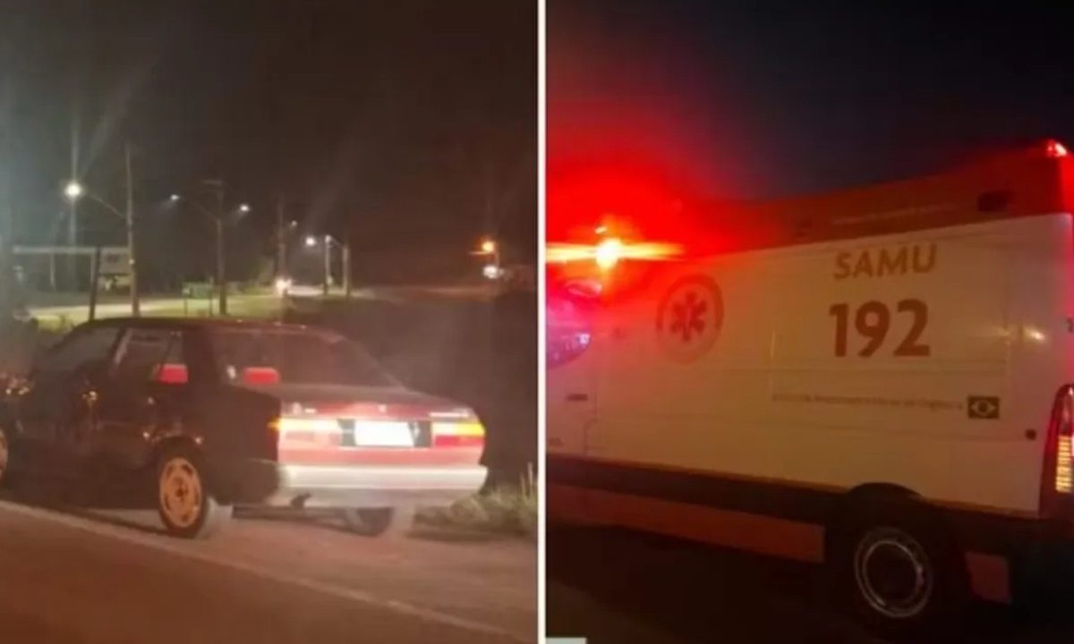 Colagem de duas fotos mostra, à esquerda, carro do motorista bêbado que quase atropelou policiais e, à direita, ambulância que atendia ocorrência em que pedestre morreu