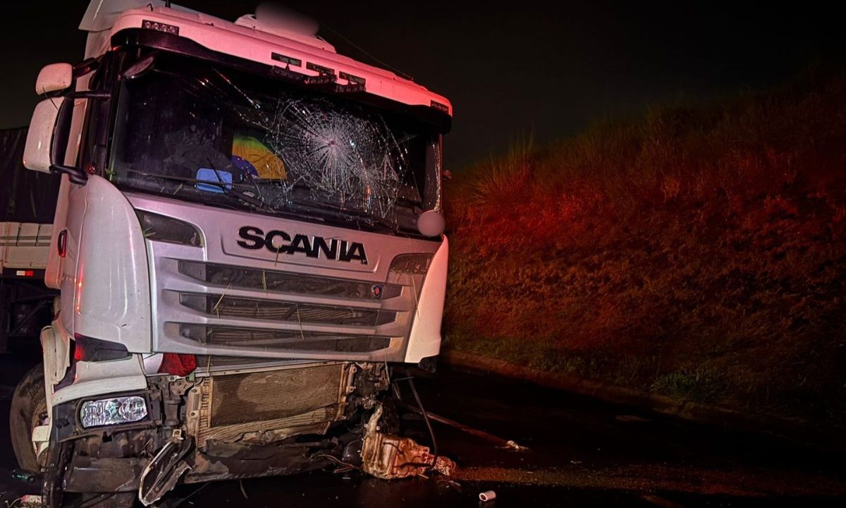 foto do caminhão que despencou do viaduto e o motorista morreu
