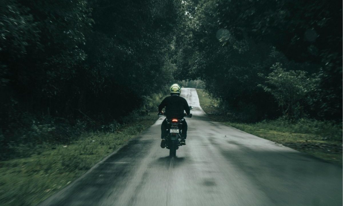 Motociclista será indenizado após acidente com anta em rodovia de Mato Grosso do Sul. A imagem mostra um motociclista dirigindo em uma estrada com árvores de ambos os lados.