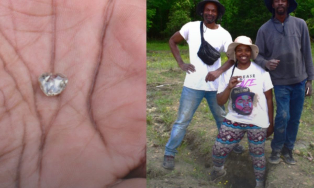 À esquerda, a pedra de diamante branco em uma mão e à direita Keshia Smith, a mulher que encontrou a pedra, posando para a foto, no meio de dois homens. Reprodução | Parques Estaduais do Arkansas Itatiaia Caro leitor, O acesso ao conteúdo será liberado imediatamente após o anúncio.