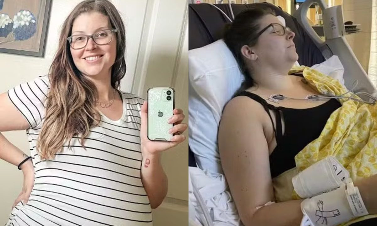 Jayce Coolen, mulher que sofreu três AVCs após uma sessão de quiropraxia. À esquerda, ela está segurando o celular e tirando uma foto no espelho. À direita, ela está deitada na maca do hospital.