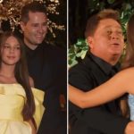 Maria Sophia posa ao lado dos pais e do avô Leonardo durante festa de 15 anos.
