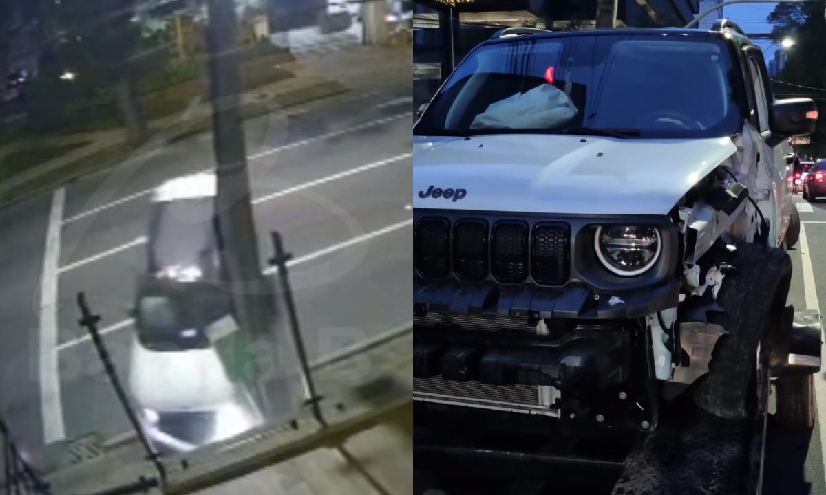 Montagem mostra momento em que Jeep Renegade bate contra poste no Água Verde, em Curitiba, e o veículo destruído após o acidente registrado na madrugada.