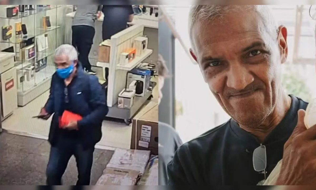 À esquerda, Carlos Roberto Batista dos Santos dentro da loja, realizando as compras, carregando um objeto na mão. À direita, um foto tirada de Carlos sorrindo.