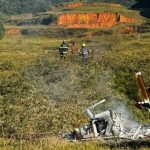 Foto mostra helicóptero que caiu e matou piloto com fumaça após pegar fogo em meio a uma vegetação verde. Ao fundo, há bombeiros, além de uma torre de alta tensão danificada.