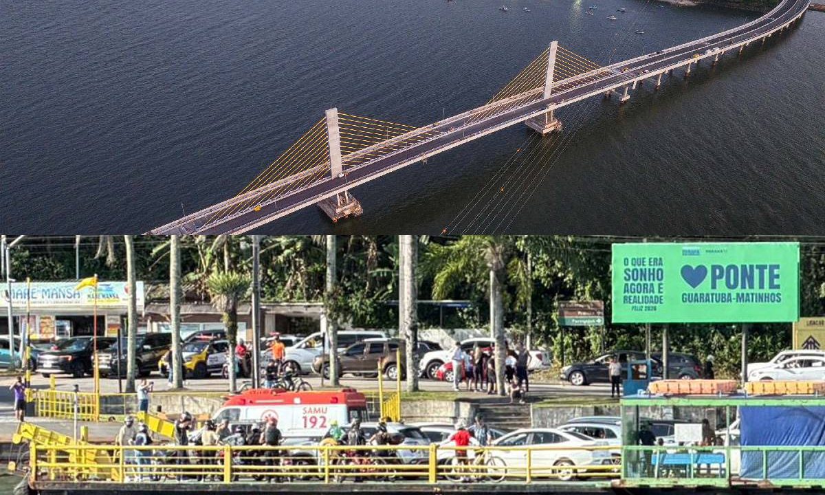 Foto mostra Ponte de Guaratuba e ambulância passando por ferry boat
