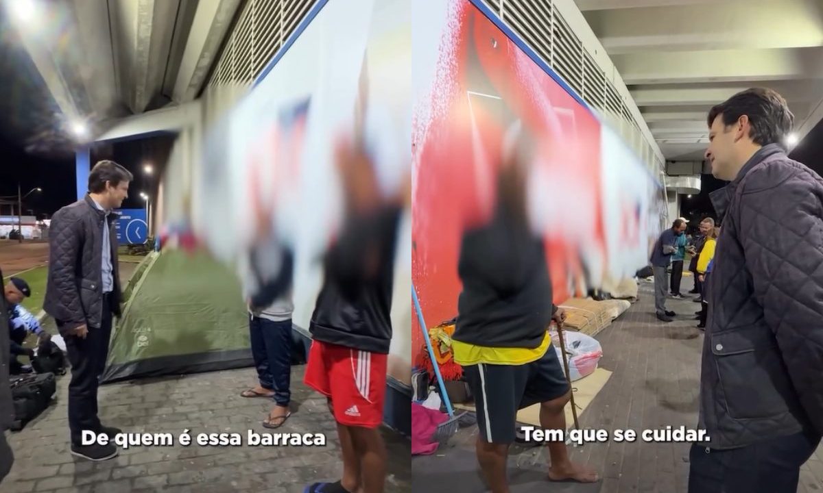 Colagem de duas fotos mostra Eduardo Pimentel, prefeito de Curitiba, abordando pessoas em situação de rua em Curitiba para oferecer acolhimento, emprego e tratamento