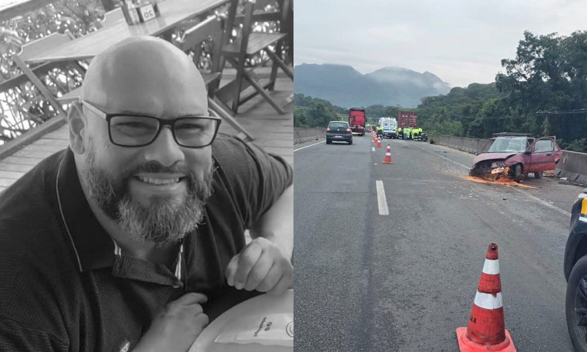 Colagem de duas fotos mostra, à esquerda, imagem em preto e branco mostra professor que morreu em acidente envolvendo quatro veículos na BR-277, em Paranaguá. Alceu é careca, usa óculos de grau e barba bem preenchida, tamanho médio. Ele usa uma camiseta polo e está em algum estabelecimento com cadeiras e mesas de madeira. À direita, está a rodovia BR-277 fechada após acidente com quatro veículos que matou professor de 51 anos. Carro aparece com a frente toda destruída após sequência de batidas. Ao fundo, há caminhões e ambulância da concessionária que administra a rodovia.