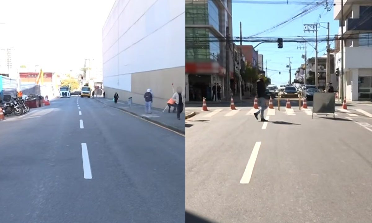 Rua afunda em São José dos Pinhais durante obras ao lado do Shopping São José, com trecho parcialmente interditado.