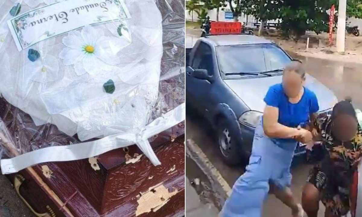 Montagem mostra caixão atingido por tiros e correria de pessoas durante ataque em cemitério na Bahia. Suspeito de metralhar objeto foi morto.