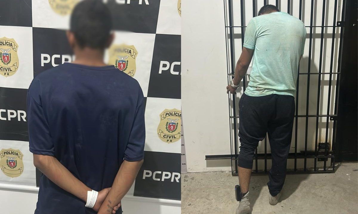Dois suspeitos presos por roubo em Piraquara aparecem de costas em imagens divulgadas pela Polícia Civil do Paraná.