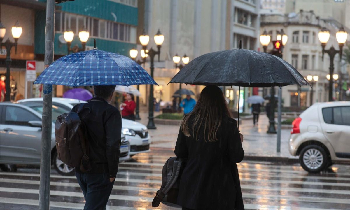 pessoas andand ona chuva para ilustrar previsão do tempo em curitiba