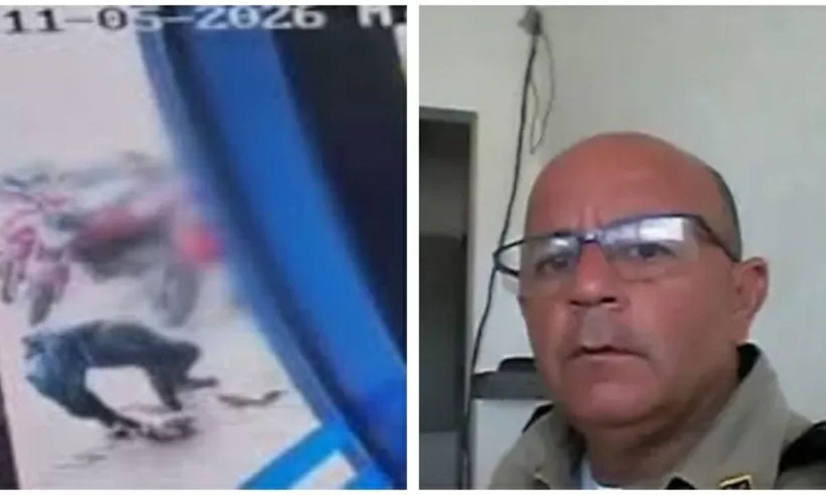 À esquerda, uma captura de uma câmera de segurança da agência bancária que mostra um homem todo de preto abaixado. À direta, um registro do tenente da PM assassinado Paulo Sérgio, em formato de selfie, utilizando um óculos e uma jaqueta marrom.