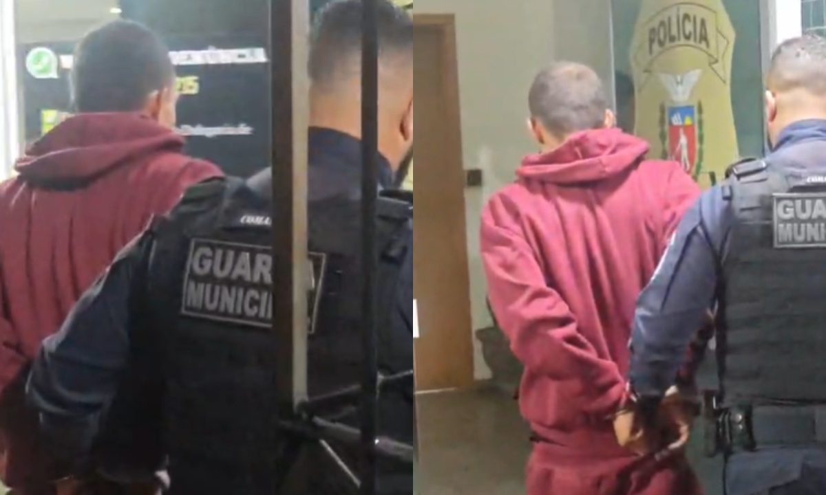 Duas imagens do homem suspeito de efetuar tiros dentro de casa sendo preso