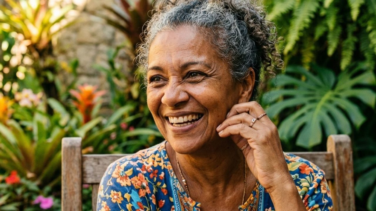 Retrato expressivo de pessoa idosa mostrando sua vantagem psicológica natural em um jardim.