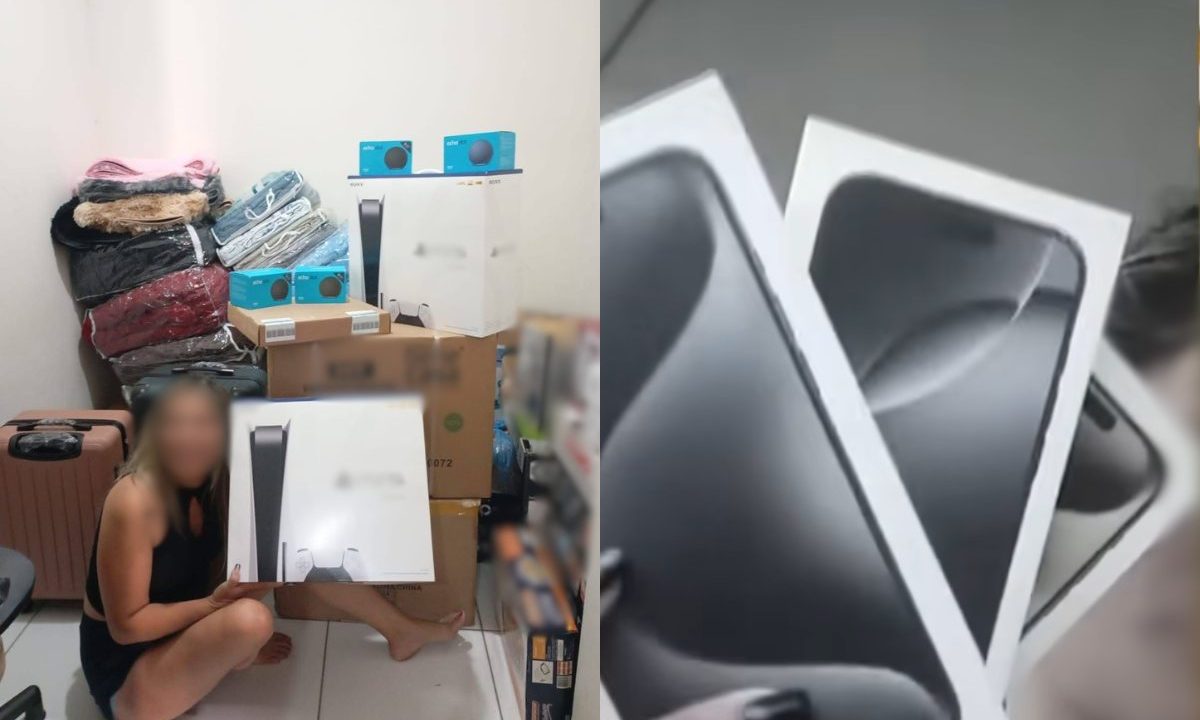 Montagem mostra mulher segurando caixas de produtos eletrônicos e outras mercadorias em um cômodo cheio de encomendas; ao lado, imagem de caixas de celulares que seriam vendidos às vítimas.