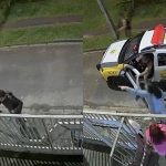 Montagem de imagens de câmera de segurança mostra homem caminhando em frente a casas no Sítio Cercado e, ao lado, a chegada de uma viatura da Polícia Militar durante a ocorrência.