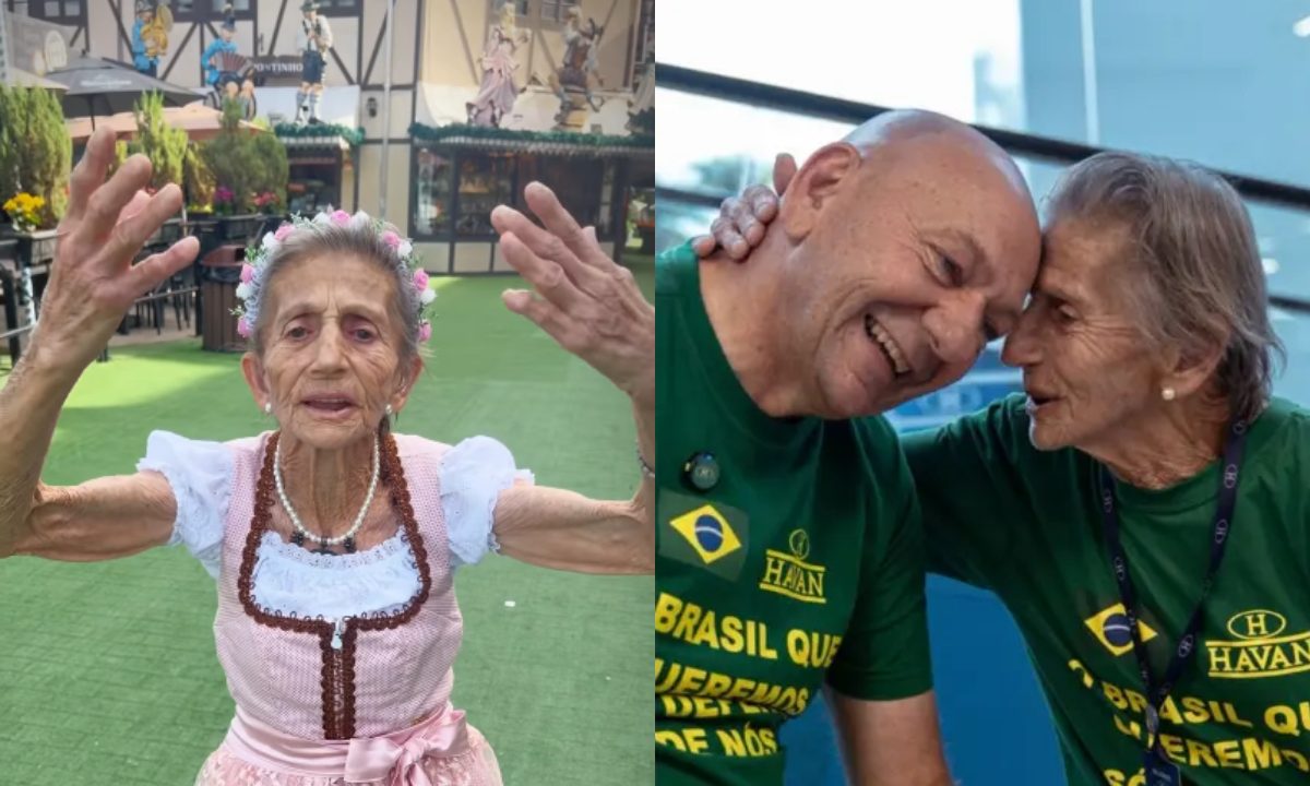 Colagem de fotos da "Vó da Havan", onde aparece com trajes típicos alemães e beijando a cabeça de Luciano Hang.