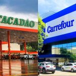 Fachadas do Atacadão e Carrefour. Os dois supermercados tem limite de horário no domingo