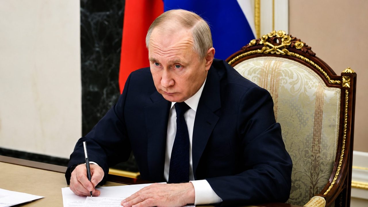 Na imagem, presidente da Rússia, Vladimir Putin assinando um papel. Ilustração para matéria: Imortalidade pode se tornar realidade? Essa é a resposta que Putin quer encontrar