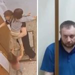 A imagem é dividida em duas partes. À esquerda, uma captura de vídeo mostra o suspeito segurando uma criança no colo enquanto tenta entrar em um prédio. Próximo a ele, outra menina aparece no chão e tenta impedir a ação. À direita, aparece o homem já preso em um sistema carcerário. Ele veste uma camisa azul, está em uma sala de paredes brancas e tem uma expressão séria e pouco amigável voltada para a câmera.