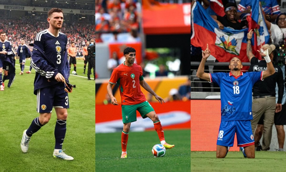 Montagem mostra Robertson da Escócia, Hakimi do Marrocos e Wilson Isidor do Haiti, os adversários do Brasil na Copa do Mundo de 2026.