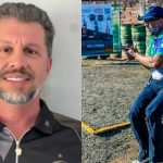 Colagem de duas fotos mostra, à esquerda, o rosto do advogado que morreu durante competição de tiro esportivo no MS em formato 3x4. À direita, outra foto msotra ele uniformizado com roupa de clube de tiro, boné, óculos e se preparando para atirar.
