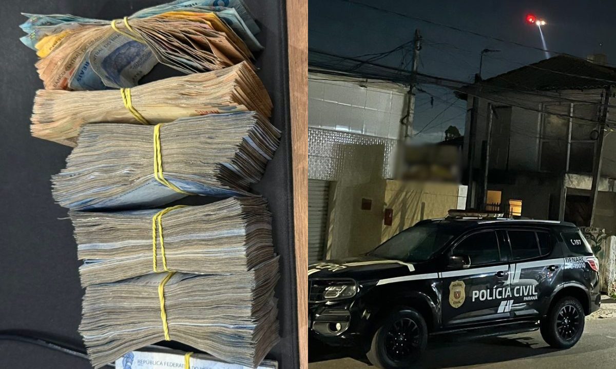 Montagem mostra grande quantidade de dinheiro em espécie apreendida pela Polícia Civil do Paraná e uma viatura da Denarc durante operação contra esquema investigado por lavagem de dinheiro ligada ao tráfico de drogas.
