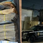 Montagem mostra grande quantidade de dinheiro em espécie apreendida pela Polícia Civil do Paraná e uma viatura da Denarc durante operação contra esquema investigado por lavagem de dinheiro ligada ao tráfico de drogas.