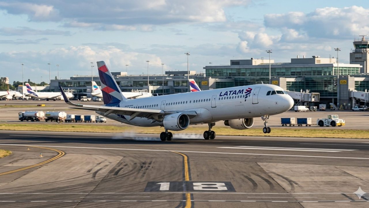 Avião da Latam Airlines pousando na pista do aeroporto, com o terminal e a torre de controle visíveis ao fundo. Há outros aviões e veículos estacionados. A imagem acompanha a notícia sobre o aumento de voos direto de Maringá para São Paulo, fortalecendo a conectividade aérea no Norte do Paraná.