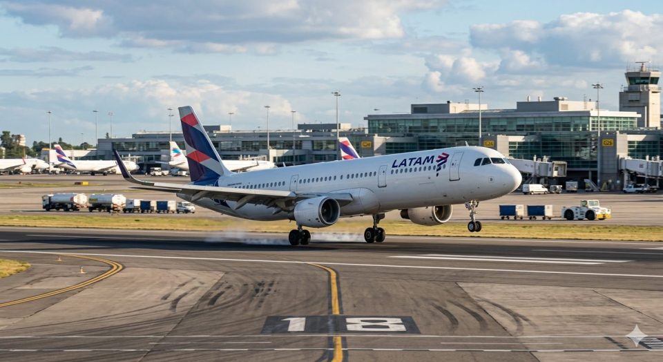 Avião da Latam Airlines pousando na pista do aeroporto, com o terminal e a torre de controle visíveis ao fundo. Há outros aviões e veículos estacionados. A imagem acompanha a notícia sobre o aumento de voos direto de Maringá para São Paulo, fortalecendo a conectividade aérea no Norte do Paraná.