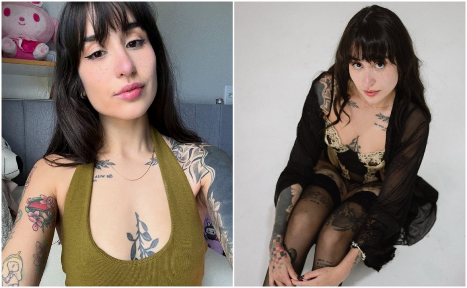 Colagem com duas fotos da criadora de conteúdo adulto Martina Oliveira, a "Beiçola do Privacy"; ela busca o implante de silicone nos peitos.