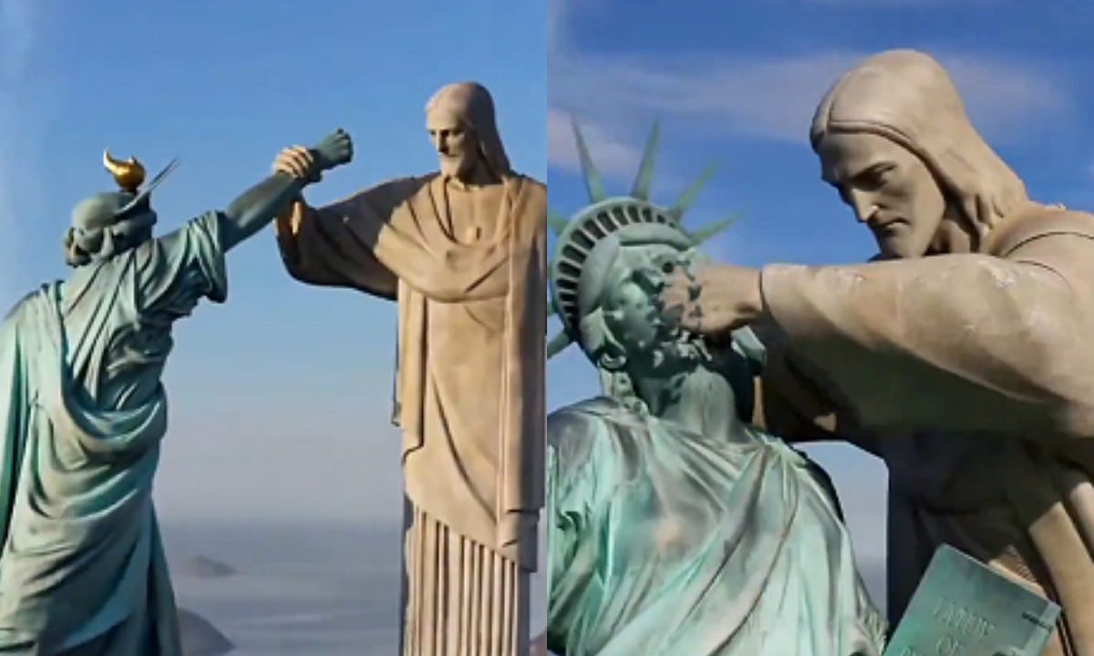 Imagem mostra briga entre Cristo Redentor e Estátua da Liberdade.