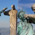 Imagem mostra briga entre Cristo Redentor e Estátua da Liberdade.