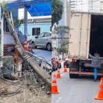 Imagem mostra poste de escola arrancado por caminhão.