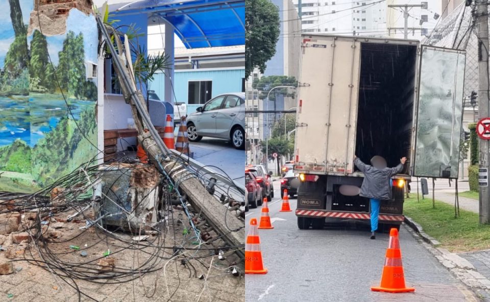 Imagem mostra poste de escola arrancado por caminhão.