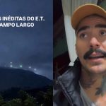 Foto montagem mostra uma cena do vídeo feito pela empresa de bebidas Campo Largo sobre o OVNI que apareceu na cidade. Imagem mostra uma montanha cheia de luzes à noite. Segunda foto mostra o influenciador Mayk Leão, que afirma ter visto o disco voador. Ele usa boné amarelo, tem tatuagens, bigode e está de blusa.