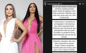 À esquerda, Dayanne Bezerra e Deolane; à direita, texto de pronunciamento de Dayanne após o STJ negar pedido de liberdade da influenciadora.
