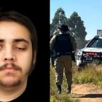 Montagem mostra o motoboy Luiz Eduardo à esquerda e, à direita, equipes da Polícia Científica e da Polícia Militar atendendo a ocorrência em uma estrada rural de Ponta Grossa onde o corpo foi encontrado.