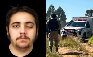 Montagem mostra o motoboy Luiz Eduardo à esquerda e, à direita, equipes da Polícia Científica e da Polícia Militar atendendo a ocorrência em uma estrada rural de Ponta Grossa onde o corpo foi encontrado.