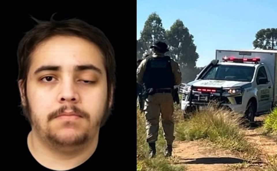 Montagem mostra o motoboy Luiz Eduardo à esquerda e, à direita, equipes da Polícia Científica e da Polícia Militar atendendo a ocorrência em uma estrada rural de Ponta Grossa onde o corpo foi encontrado.
