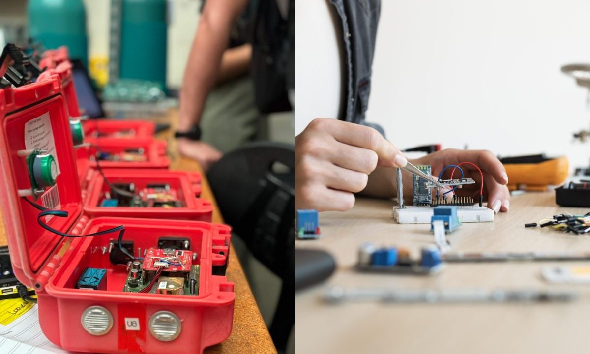 Estudantes de Curitiba criando plataforma que mede qualidade do ar dentro de caixa vermelha e em mesa
