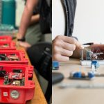 Estudantes de Curitiba criando plataforma que mede qualidade do ar dentro de caixa vermelha e em mesa